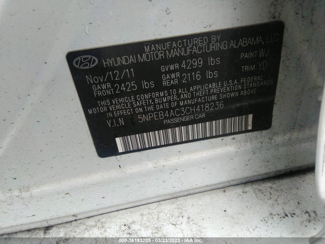 2012 HYUNDAI SONATA GLS PZEV VIN: 5NPEB4AC3CH418236