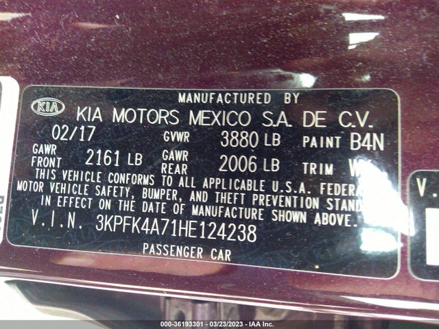 2017 KIA FORTE LX VIN: 3KPFK4A71HE124238
