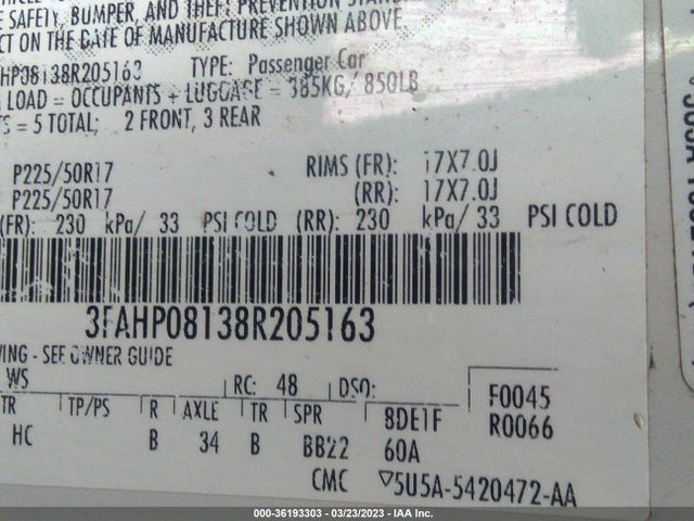 2008 FORD FUSION SEL VIN: 3FAHP08138R205163