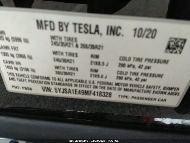 Tesla Model S Performance 2021 5YJSA1E49MF418328 Image 11