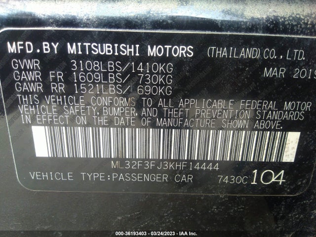2019 MITSUBISHI MIRAGE G4 ES/RF VIN: ML32F3FJ3KHF14444