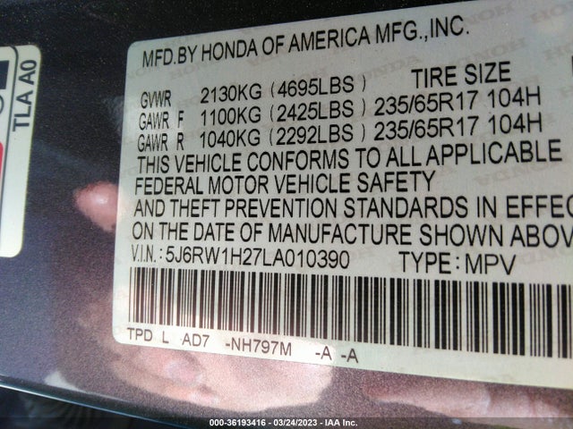 2020 HONDA CR-V LX VIN: 5J6RW1H27LA010390