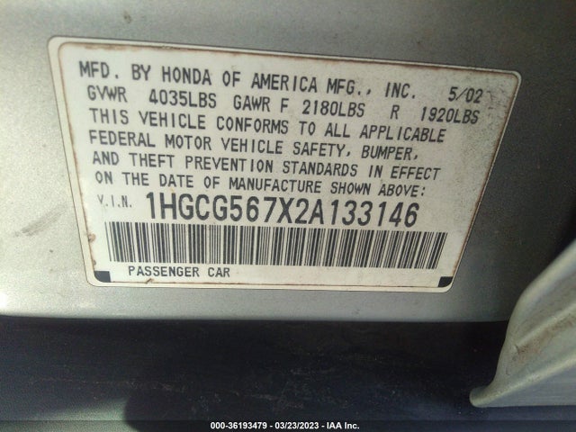 2002 HONDA ACCORD SDN SE VIN: 1HGCG567X2A133146