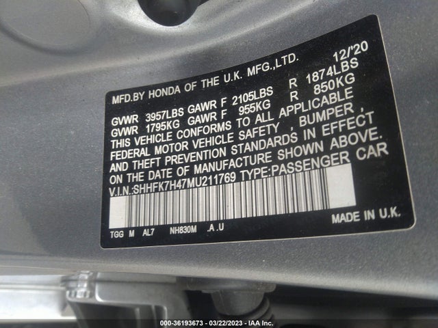 2021 HONDA CIVIC HATCHBACK SPORT VIN: SHHFK7H47MU211769
