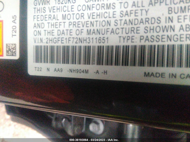 2022 HONDA CIVIC SEDAN EX VIN: 2HGFE1F72NH311651