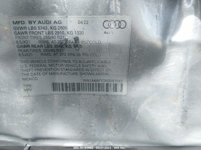WA1A4AFY2N2097543 Audi Sq5 Premium