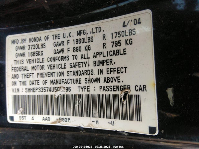 2004 HONDA CIVIC SI VIN: SHHEP33574U505596