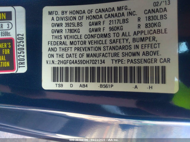 2013 HONDA CIVIC CPE SI VIN: 2HGFG4A59DH702134