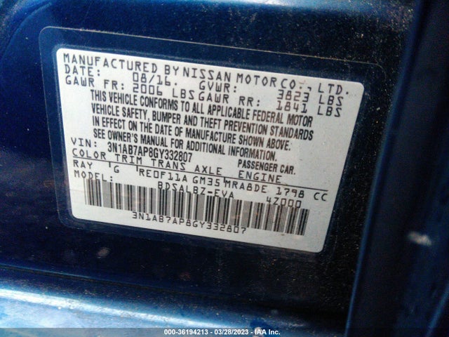 2016 NISSAN SENTRA S VIN: 3N1AB7AP8GY332807