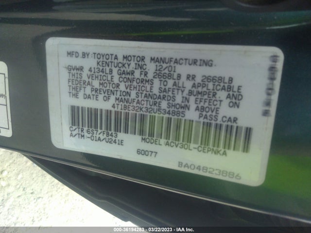 2002 TOYOTA CAMRY LE/SE/XLE VIN: 4T1BE32K32U534885