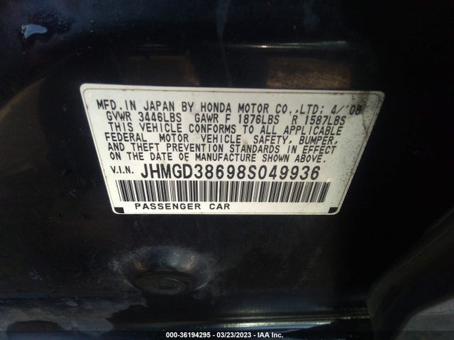 2008 HONDA FIT SPORT VIN: JHMGD38698S049936