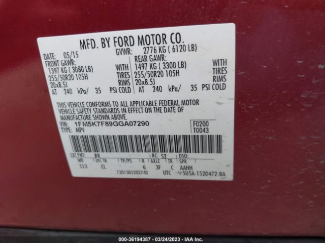 1FM5K7F89GGA07290 Ford Explorer Limited