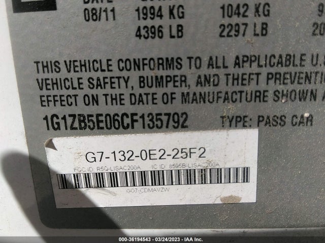2012 CHEVROLET MALIBU LS W/1LS VIN: 1G1ZB5E06CF135792
