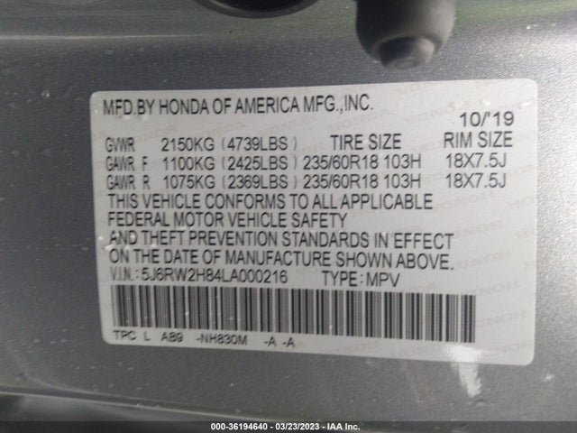 Honda Cr-v Ex-l 2020 5J6RW2H84LA000216 Image 9
