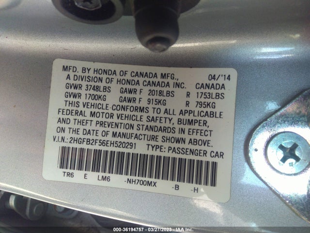 2014 HONDA CIVIC SEDAN LX VIN: 2HGFB2F56EH520291