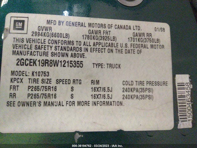 1998 CHEVROLET C/K 1500 VIN: 2GCEK19R8W1215355