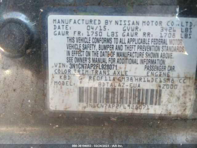 3N1CN7AP2FL928071 Nissan Versa S Plus
