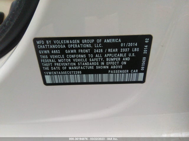 1VWCN7A30EC072285 Volkswagen Passat Tdi Sel Premium