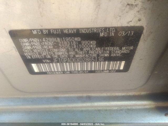 36194895 :رقم المزاد ، JF1GPAD6XD2865136 vin ، 2013 Subaru Impreza Wagon 2.0i Premium مزاد بيع
