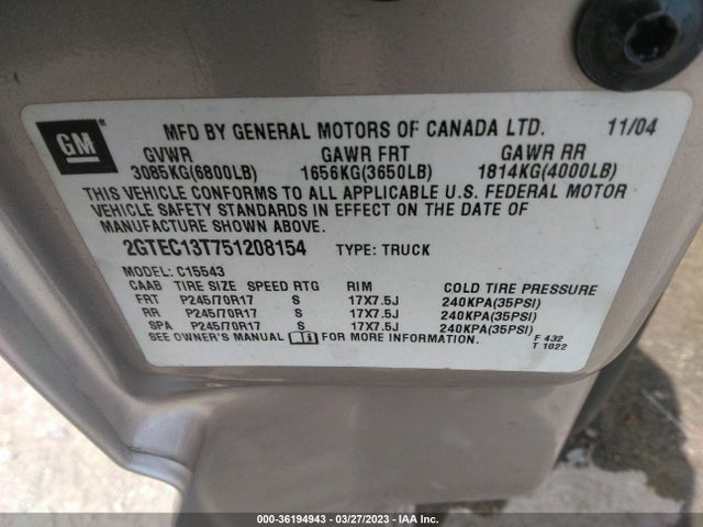 2005 GMC SIERRA 1500 SLE VIN: 2GTEC13T751208154