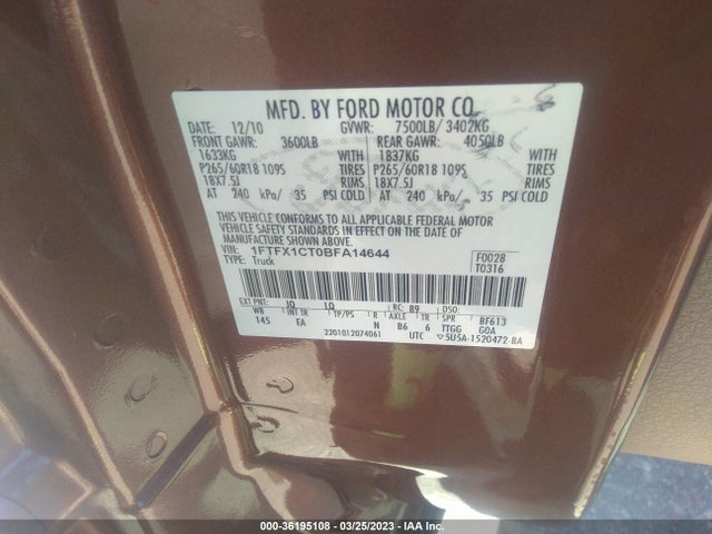 2011 FORD F-150 XL/XLT/FX2/LARIAT VIN: 1FTFX1CT0BFA14644