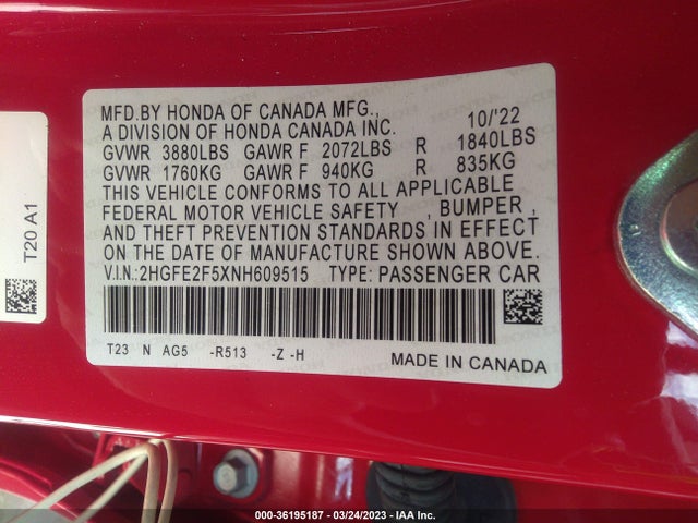 2022 HONDA CIVIC SEDAN SPORT VIN: 2HGFE2F5XNH609515