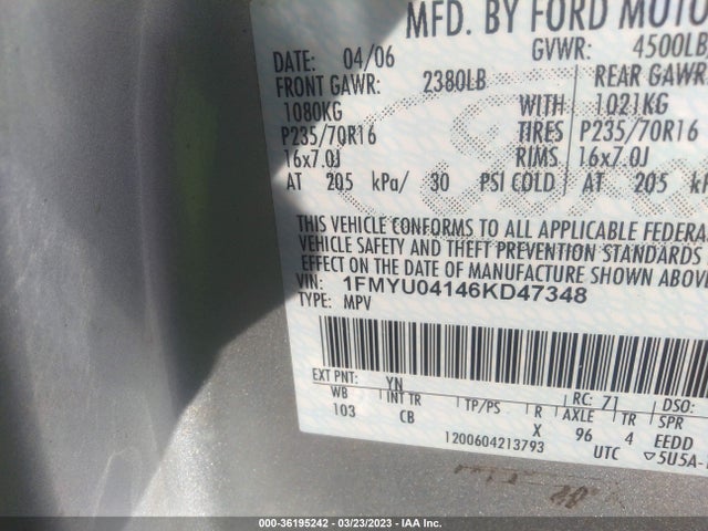 2006 FORD ESCAPE LIMITED VIN: 1FMYU04146KD47348