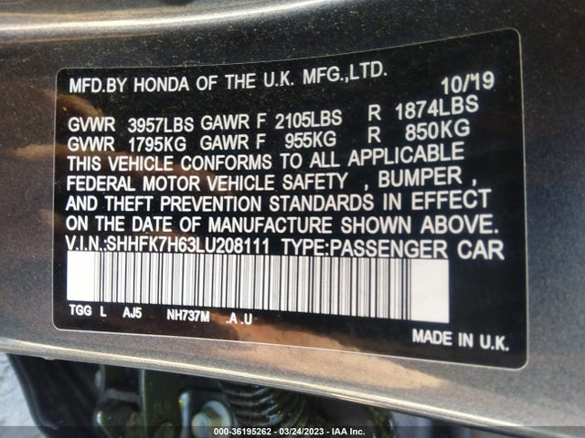 Honda Civic Hatchback Ex 2020 SHHFK7H63LU208111 Image 9