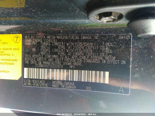 2005 LEXUS RX 330 VIN: 2T2GA31U75C032970