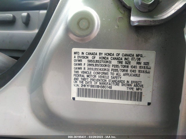 2006 HONDA PILOT EX-L WITH RES VIN: 2HKYF186X6H560748