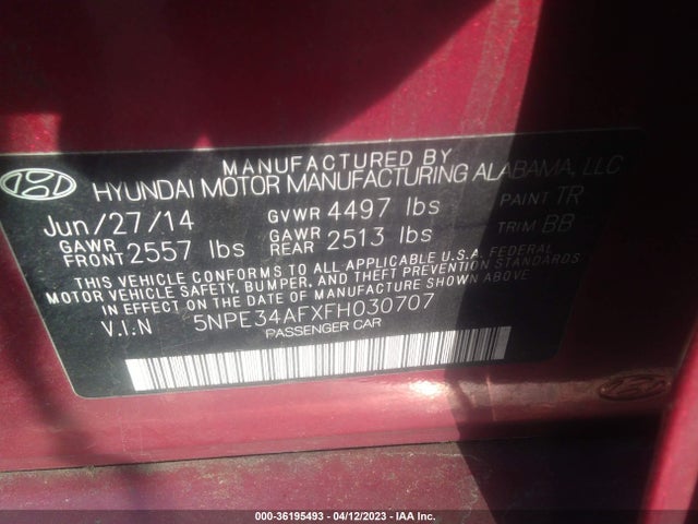 2015 HYUNDAI SONATA 2.4L LIMITED VIN: 5NPE34AFXFH030707