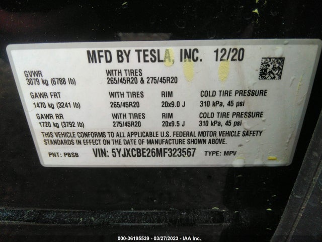 2021 Tesla Model X, VIN: 5YJXCBE26MF323567