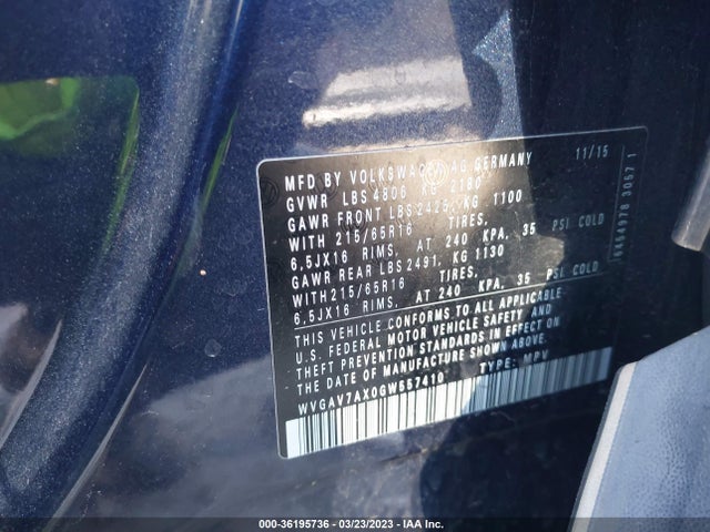 2016 VOLKSWAGEN TIGUAN S VIN: WVGAV7AX0GW557410