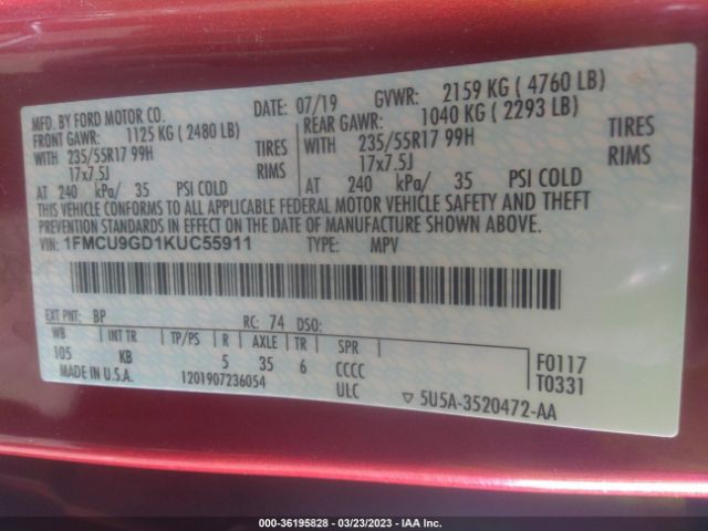 1FMCU9GD1KUC55911 Ford ESCAPE SE