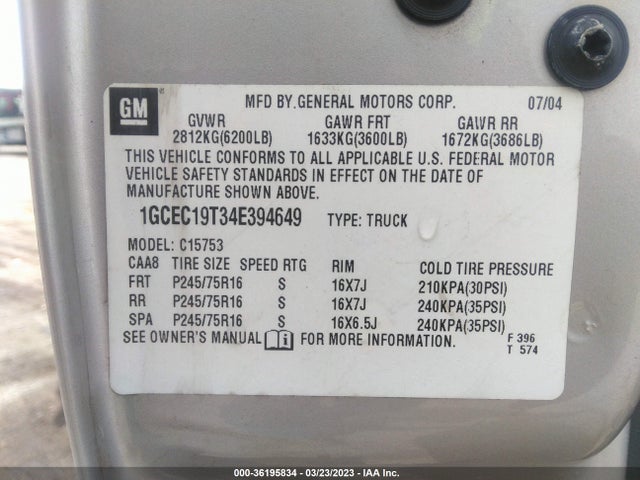 2004 CHEVROLET SILVERADO 1500 LS VIN: 1GCEC19T34E394649