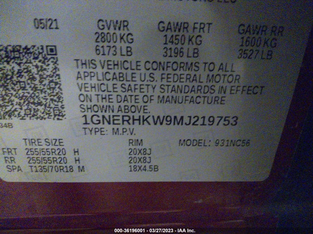 Chevrolet Traverse Lt Leather 2021 1GNERHKW9MJ219753 Image 9
