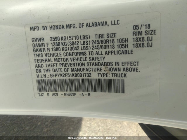 Honda Ridgeline Rtl 2019 5FPYK2F51KB001732 Image 10