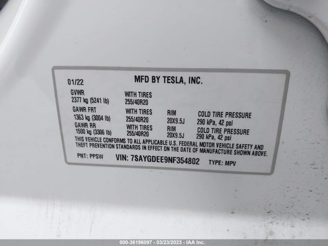 Tesla Model Y Long Range 2022 7SAYGDEE9NF354802 Image 9