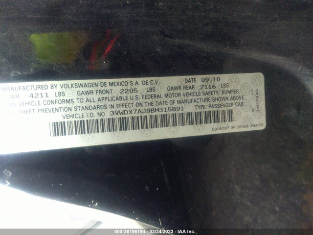 2011 VOLKSWAGEN JETTA SEDAN SE W VIN: 3VWDX7AJ9BM315891