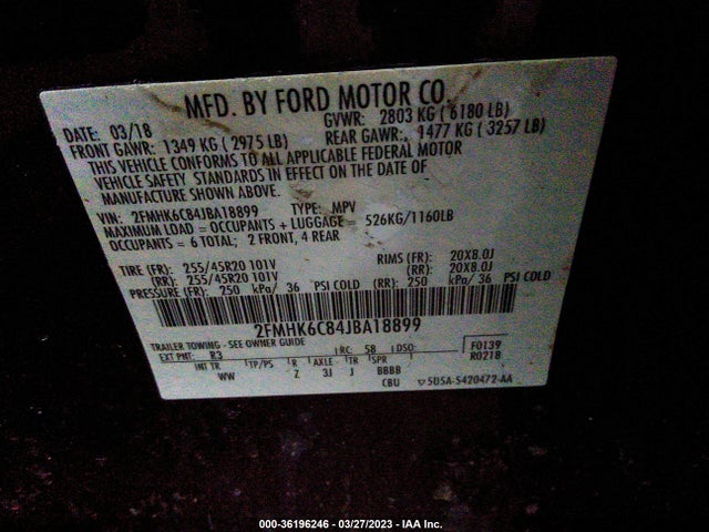 2018 FORD FLEX SEL VIN: 2FMHK6C84JBA18899