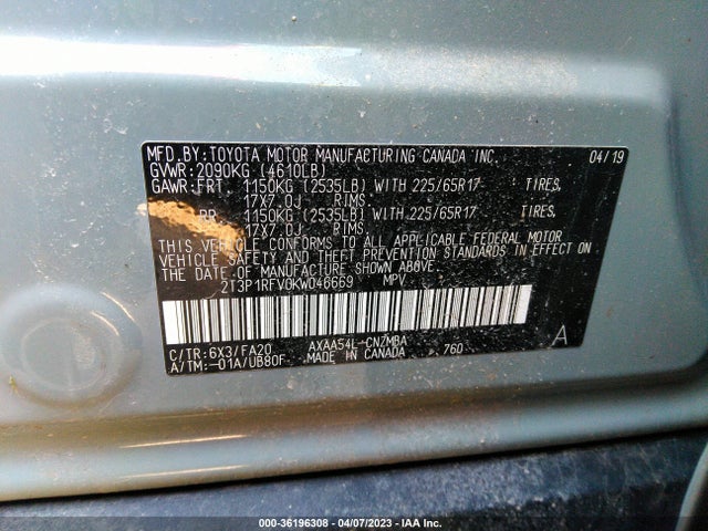 2019 TOYOTA RAV4 XLE VIN: 2T3P1RFV0KW046669