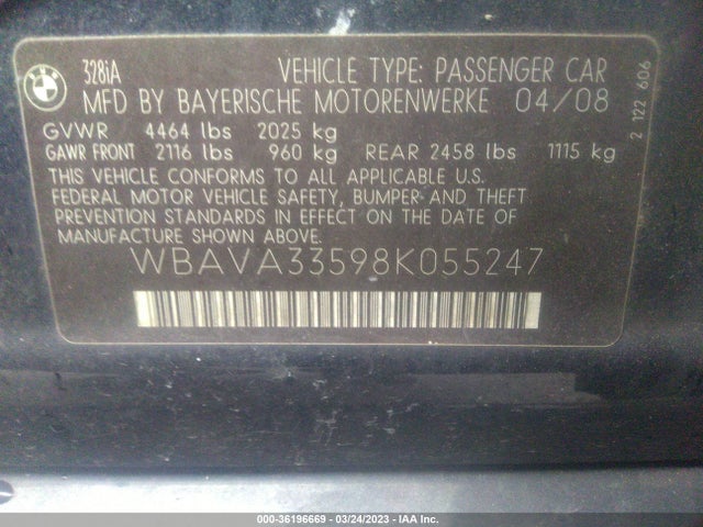 2008 BMW 3 SERIES 328I VIN: WBAVA33598K055247