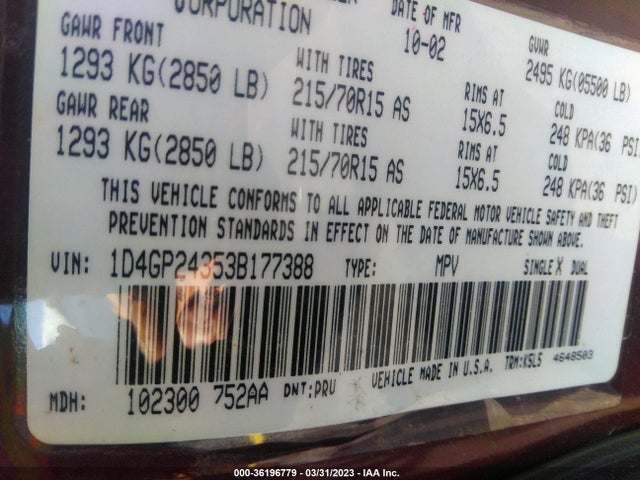 2003 DODGE GRAND CARAVAN SE VIN: 1D4GP24353B177388