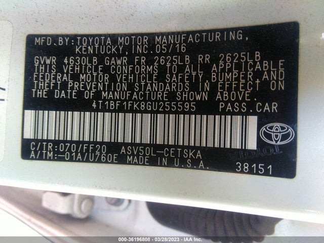 2016 TOYOTA CAMRY XLE/SE/LE/XSE VIN: 4T1BF1FK8GU255595