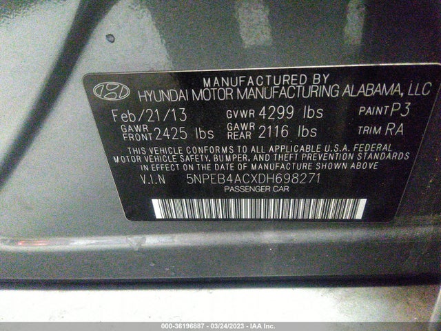 2013 HYUNDAI SONATA GLS PZEV VIN: 5NPEB4ACXDH698271