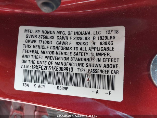 Honda Civic Sedan Lx 2019 19XFC2F61KE009910 Image 9