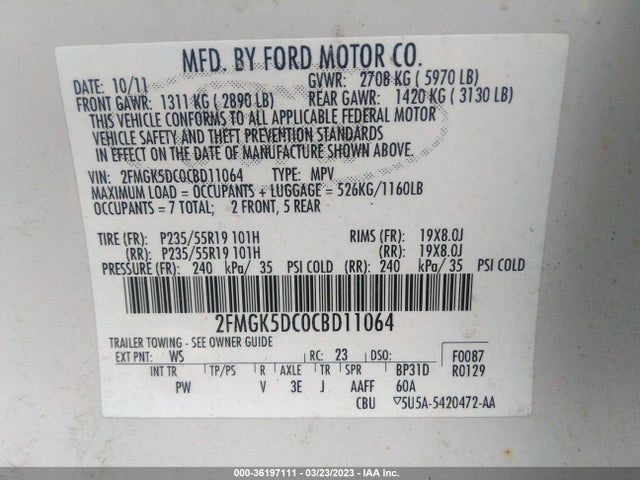 2012 FORD FLEX LIMITED/TITANIUM VIN: 2FMGK5DC0CBD11064