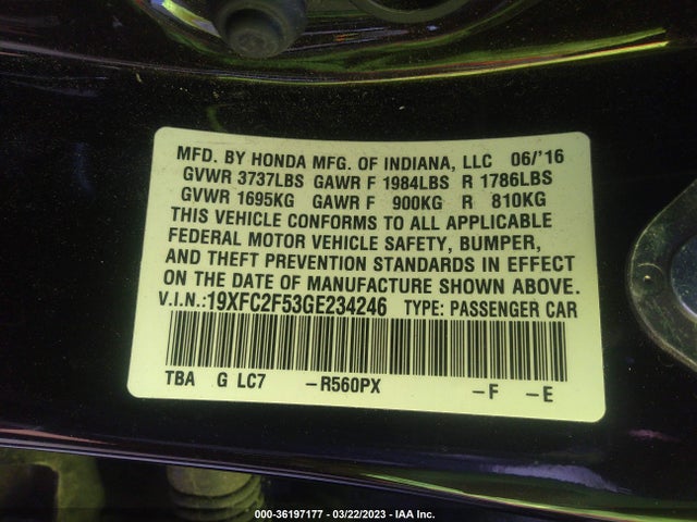 Honda Civic Sedan Lx 2016 19XFC2F53GE234246 Image 9