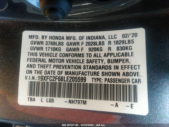Honda Civic Sedan Lx 2020 19XFC2F68LE205599 Image 9