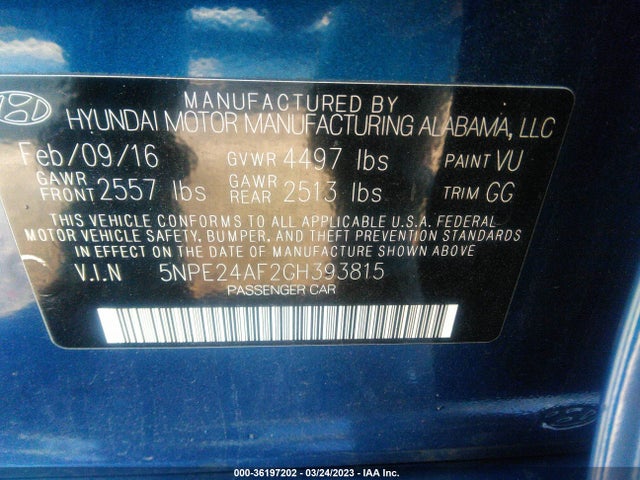 Hyundai Sonata 2.4l 2016 5NPE24AF2GH393815 Image 9